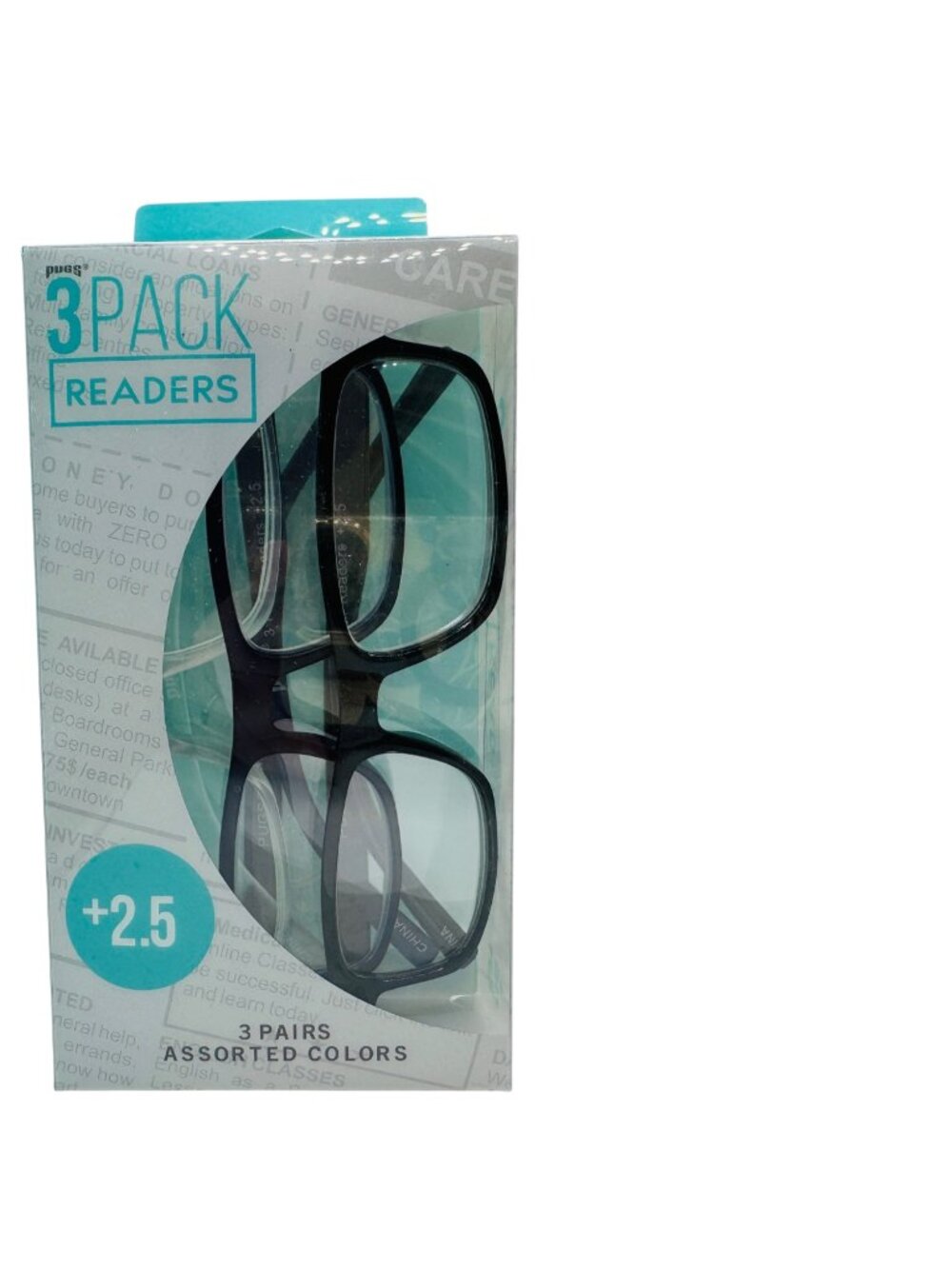 Pugs 3-Pack Reading Glasses +2.5 Assorted Colors With Spring Hinge Classic Unise
